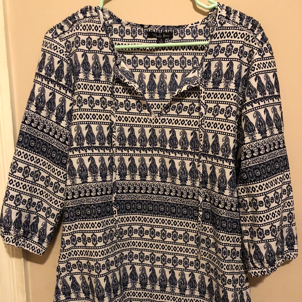 Navy and white blouse.